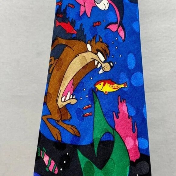Vintage Looney Tunes Mania Neck Tie Elmer Mermaid Marvin Taz Bugs Silk Korea '93 - Picture 3 of 15